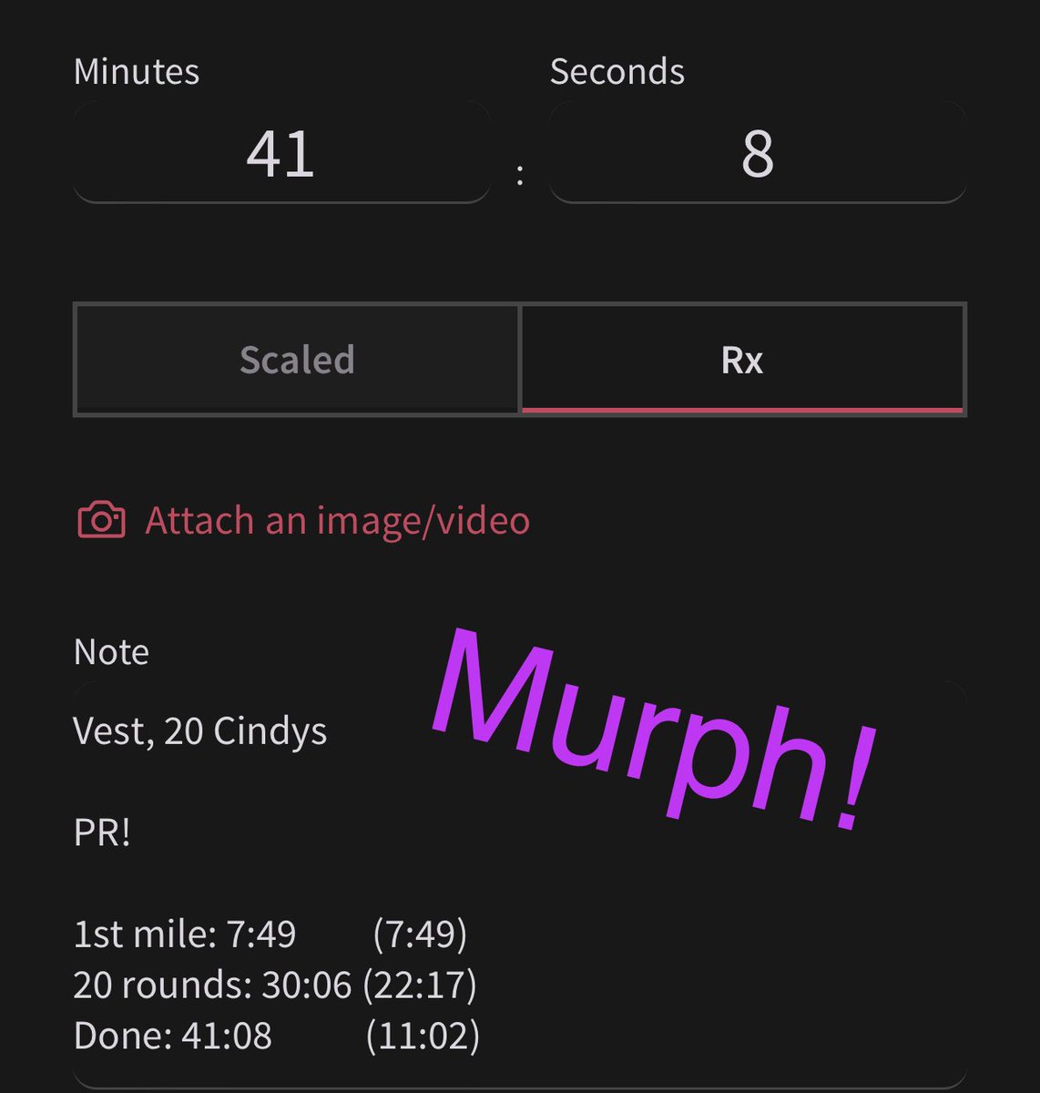 Murph time: 41:08 20 pound weight vest, partitioned (20 rounds of Cindy) How did yall do?