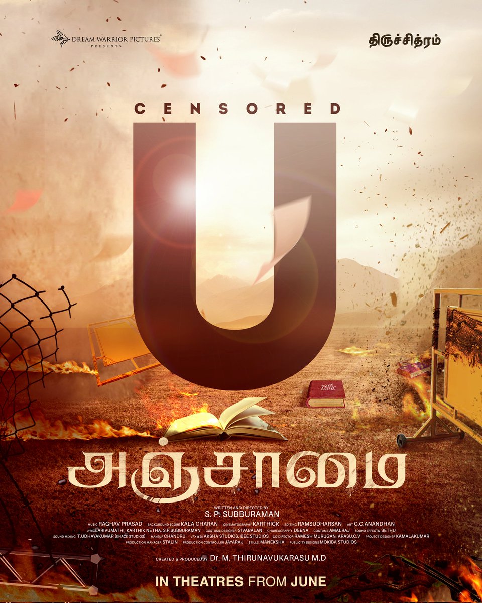 #Anjaamai Censored ‘U’. A film for all ages that promises to inspire and entertain this June in cinemas. #அஞ்சாமை @vidaarth_actor @vanibhojanoffl @actorrahman @SubbuRa31342936 @karthick_p_dop @kala_charan @ramsudharsan30 @mokibastudios @prabhu_sr #AnjaamaiFromJune