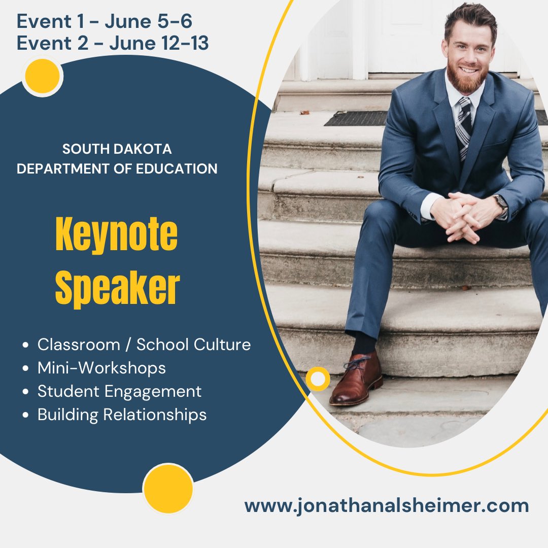 Super excited and honored to be invited by the South Dakota Department of Education to be their Keynote Speaker 🎙️ for 2 events in June! Love having the opportunity to work with teachers 🙌 📚 on school culture and strategies to enhance student engagement in the classroom.