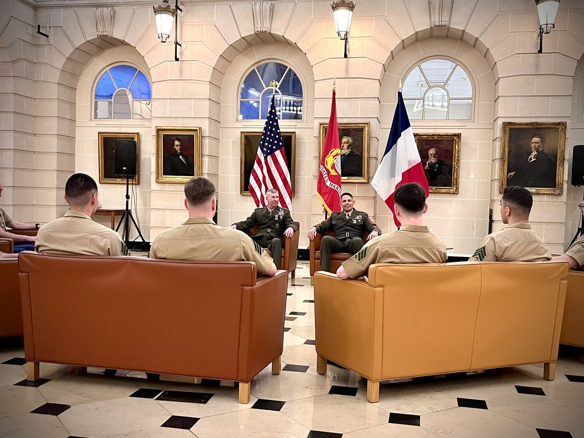 Happening now: <a href="/CMC_MarineCorps/">Commandant of the @USMC</a> and <a href="/USMCSgtMaj/">Sergeant Major Carlos A. Ruiz</a> holding an “ask me anything” sit down with the <a href="/MSG_Duty/">MSG Duty</a> Marines in Paris. Both are in France to commemorate the 106th anniversary of Belleau Wood and to hold meetings with diplomats and military counterparts.