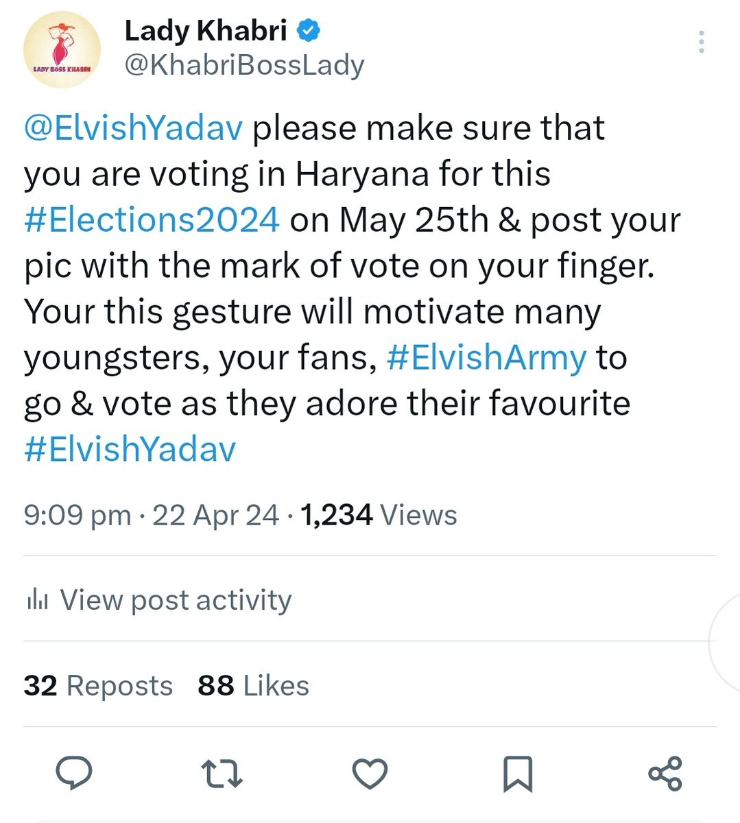 #ElvishYadav voted & even posted the pic. On 22nd April 2024, I posted a tweet tagging & requesting @ElvishYadav to vote & post the image. He just did the same, he voted with his family. Am not saying that he read my tweet, but he did what's right, what a real youth influencer