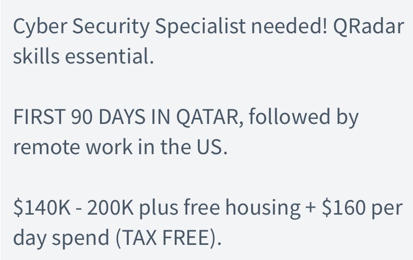 phishfinding's tweet image. I was reached out to by a recruiter for this opportunity:
Up to $200k/ year with free housing for 3 months & $160/ day per diem. Then remote work while back in the US.
DoD contracts are always going to pay a bag 💰