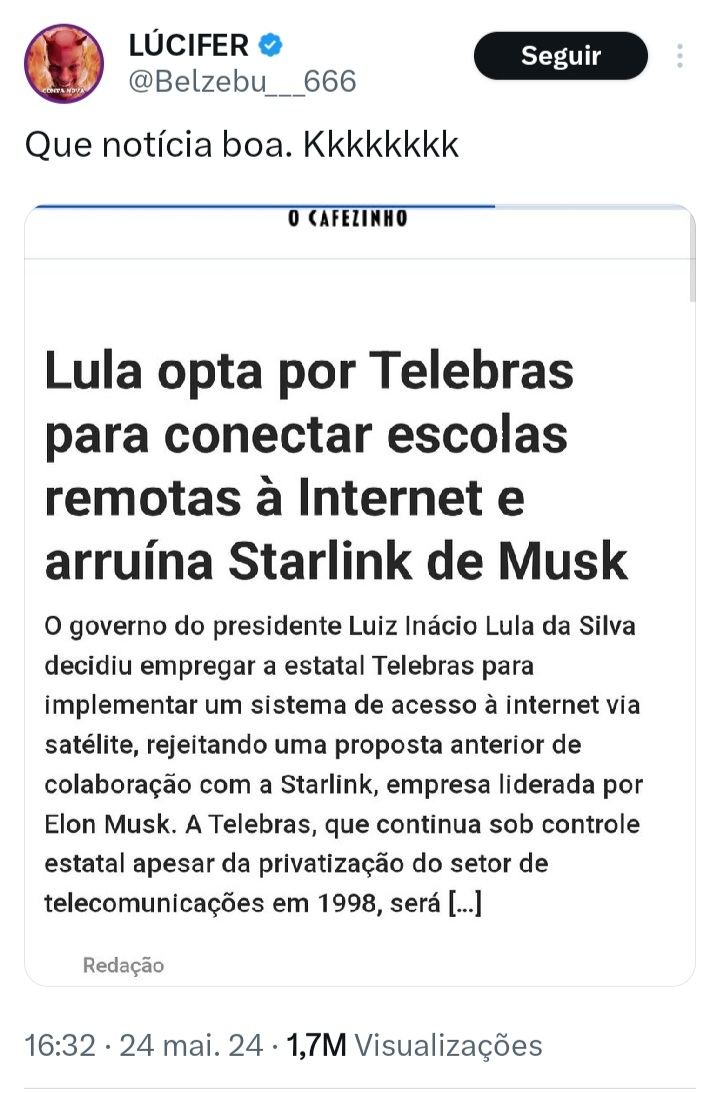 Quem conhece o mínimo sobre a Starlink, sabe que ela funciona através de uma imensa rede de satélites, todos lançandos ao espaço pela própria empresa de Elon Musk, hoje figurinha carimbada na galeria de inimigos da esquerdalha. 

A corrida espacial, iniciada no pós-guerra, estava
