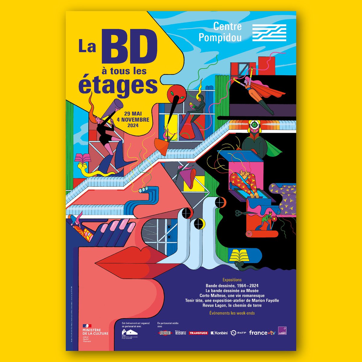 Venez découvrir la bande dessinée à tous les étages au Centre Pompidou dès le 29 mai ! C’est la première fois qu’une institution publique aussi prestigieuse va accueillir les œuvres de plus de 140 auteurs. Le @fhel_landerneau est fier d'être partenaire majeur de l'événement. 🙌🙌