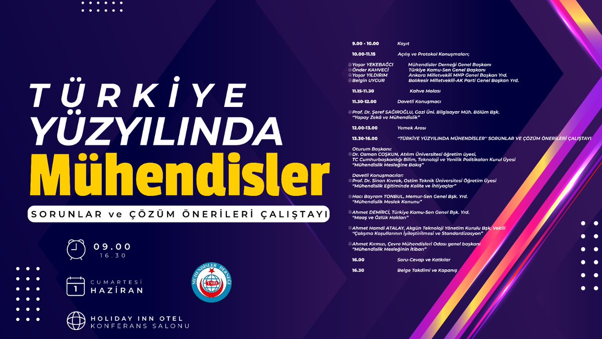 Değerli Meslektaşlarımız, Türk Mühendisler Derneği olarak, 31 Mayıs - 2 Haziran tarihleri arasında Ankara Holiday Inn Otel'de 64 ildeki temsilcilerimizle bir araya geliyoruz. Bu toplantımızın amacı, illerdeki temsilcilerimizle buluşmak ve mimarların, mühendislerin, şehir