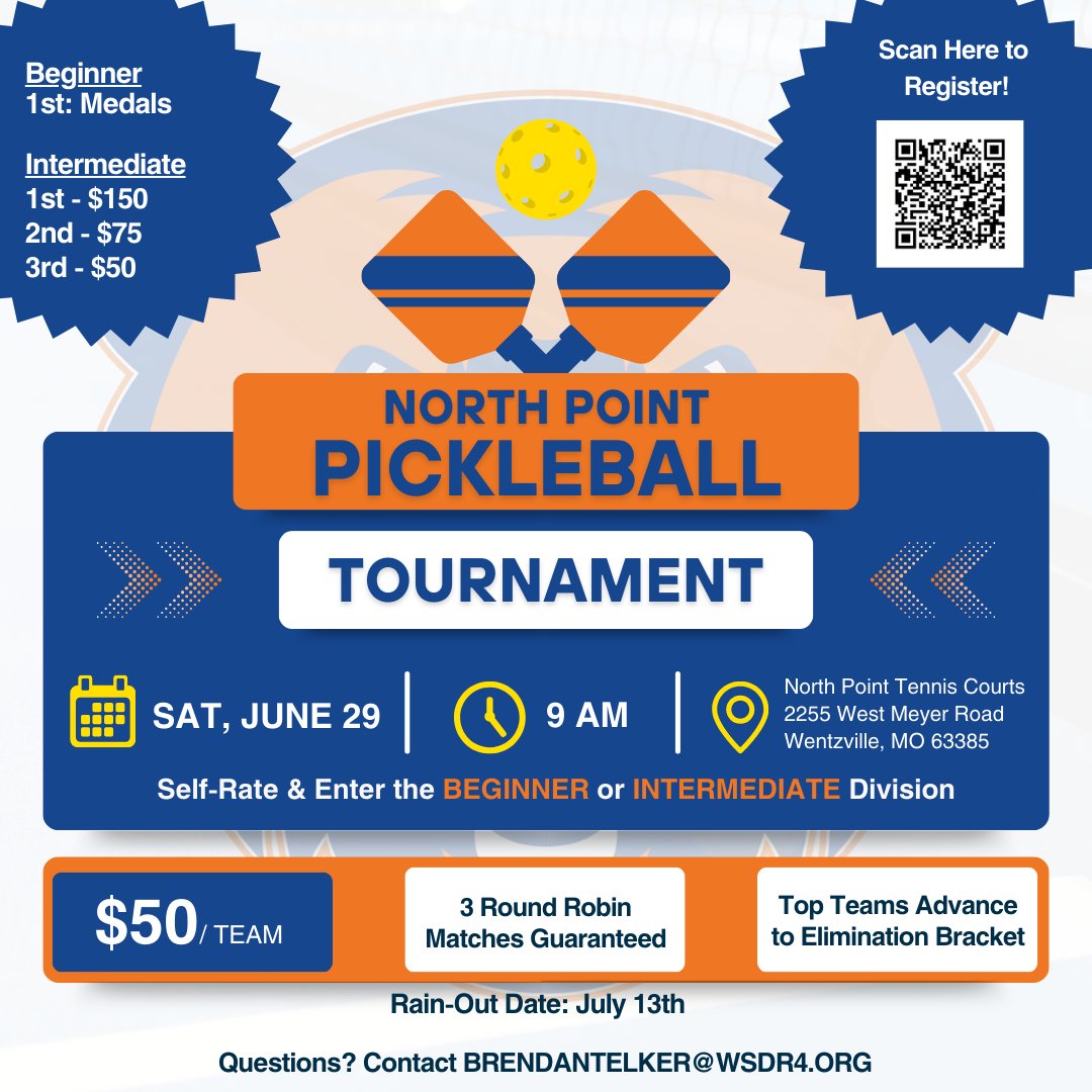 It's returning! North Point Tennis is hosting a Pickleball Tournament on June 29th at NPHS. Teams should self-rate with this🔗:usapickleball.org/tournaments/to… Then, register for your division with this 🔗: checkout.square.site/merchant/ML6F6… Check out the graphic below for more info!