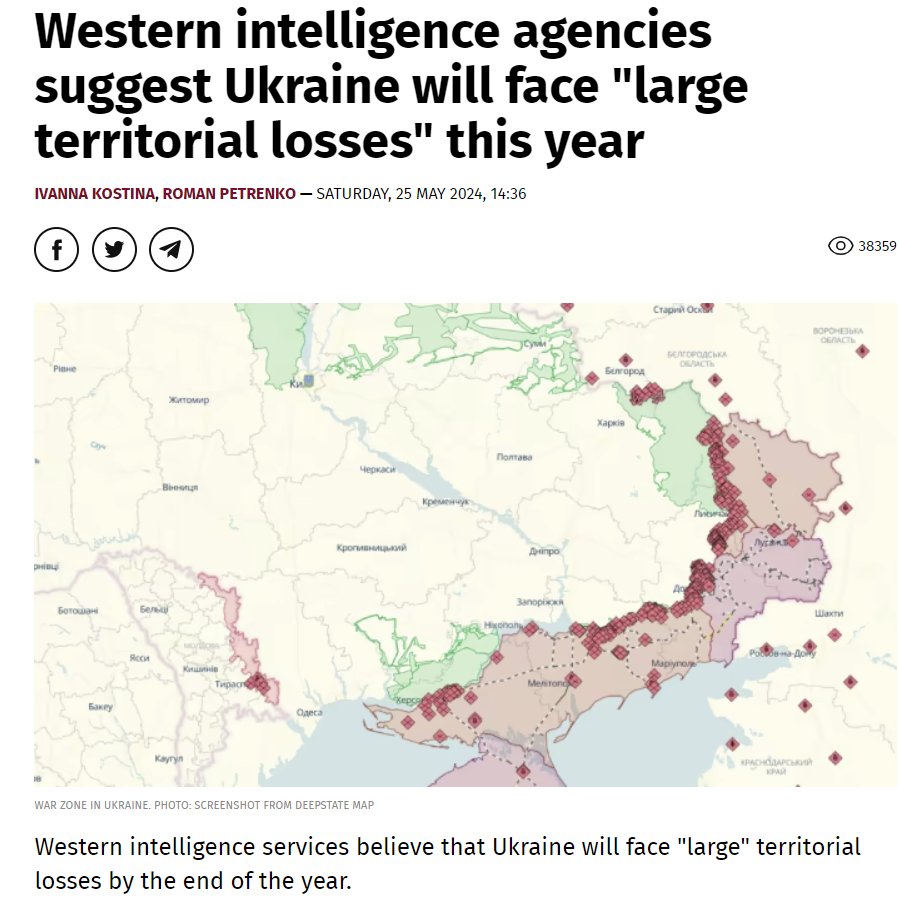 As I said, the longer war would continue, the more human & territorial losses Ukraine would suffer without any real chance to defeat Russia: 'Western intelligence agencies suggest Ukraine will face 'large territorial losses' this year. The intelligence assessment says Kyiv is not