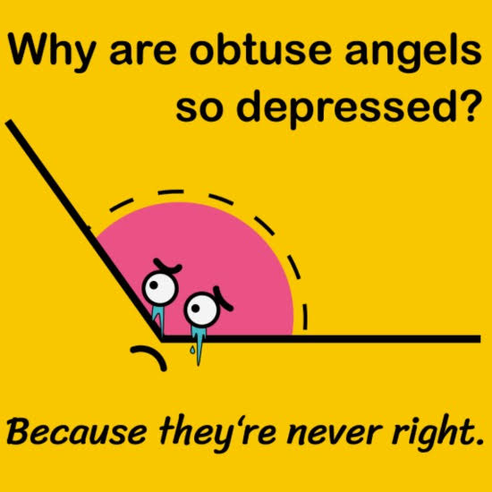 Why are Obtuse Angles so Depressed?
See here math1089.in
#math1089 #math #maths #algebra #mathtutor #mathstudent #mathteachers #mathematics #mathsteacher #mathteacher #geometry #angles 

Credit unknown
Comment for credit