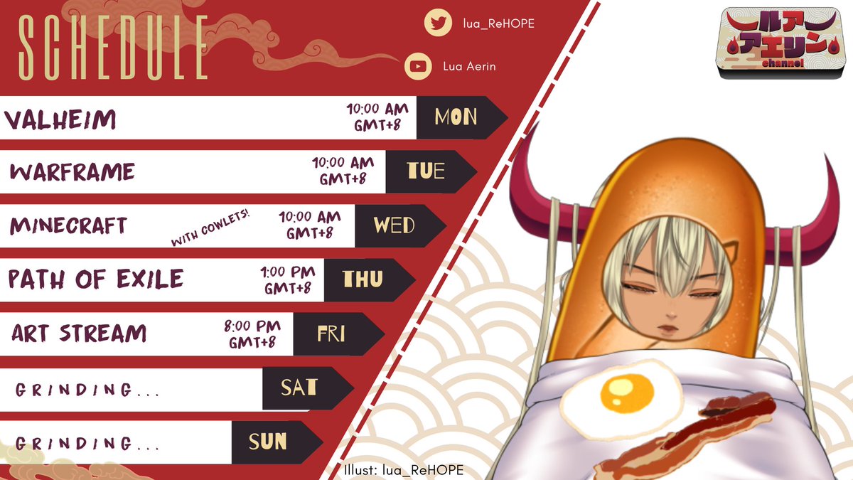 ❖Schedule❖  Schedule for May13 ~  May19 ❖twitch.tv/lua_rehope❖    
 Yep since we are still a smoll community. Might as well try to play MC together ah~ 
#ReHOPE_EN #Vtubers #VtuberEN #Vtubers
