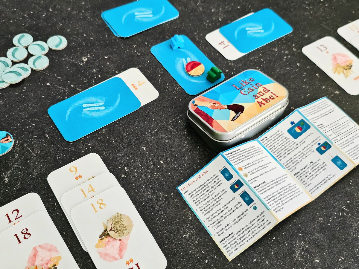 Gaming with mumsy playing Like Cain and Abel: An 18-Card Trick-Taking & Bluffing Game. It's for 2 players where cards have two numbers & colours, & you can decide your target colour to score at the end of each round. It's a good time, so check it out! ☺️ kickstarter.com/projects/bentp…