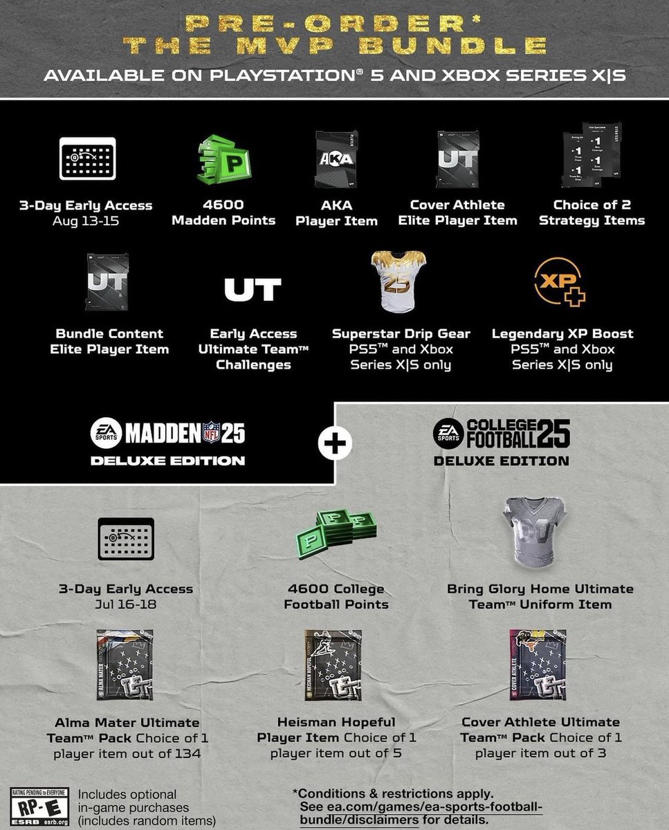 Madden 25 x College Football 25 🚨 
2 winners, 2 bundles - July 5th

Double the winners at 500 entries
To win: Like, Retweet, and Follow 

Additional bonus UT Points if winner also tags a friend in the comments. 

LETS GOOOO 🏈