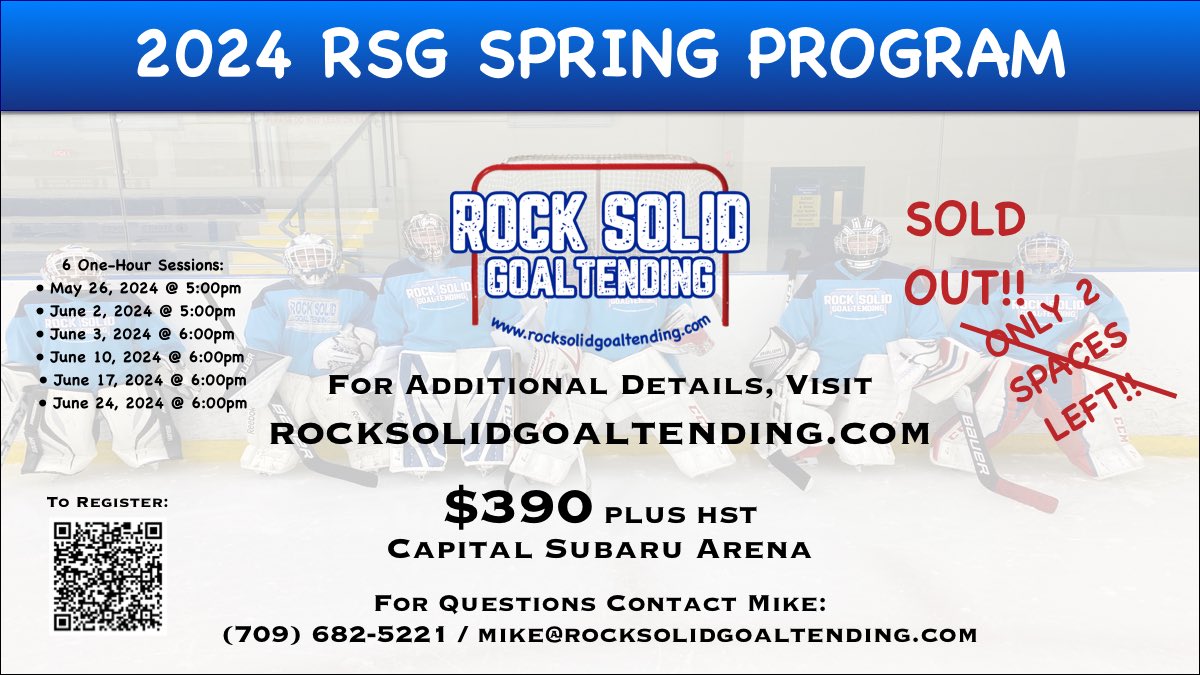 RSGoaltending's tweet image. Our 2024 Spring Program is now sold out!! If you’d like to put your name on our waiting list to do drop-in sessions when space allows, please reach out!! #RockSolid #GoalieDevelopment #HCGoalieCoach