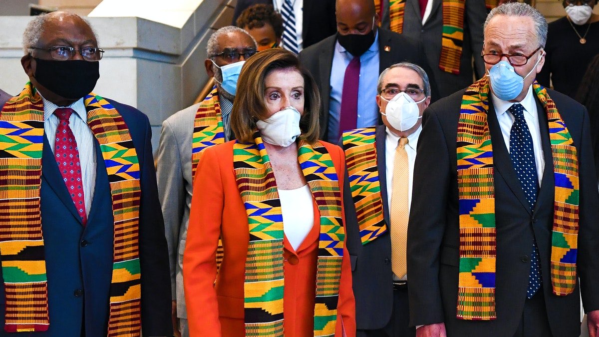 I don’t think there was ever a more ridiculous image in American history than the moment Nancy Pelosi and others put Kente cloth on to honor the death of George Floyd, a man who never set foot in Africa, and died of a Fentanyl overdose. It was just a complete joke. The masks