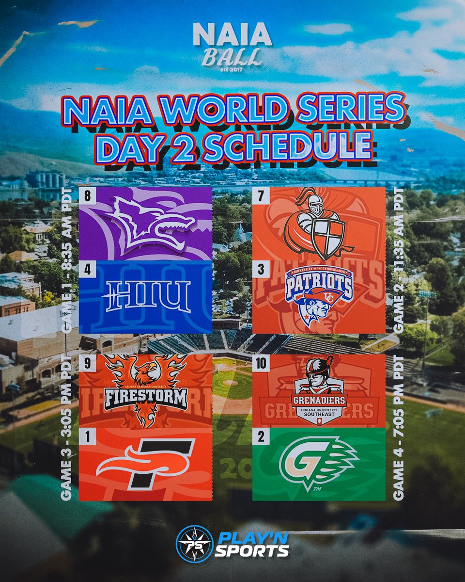 🚨2024 NAIA World Series: Day 2

#8 <a href="/KWUBaseball/">KWU Baseball</a> vs #4 <a href="/HIUBaseball/">HIU Baseball</a> 
#7 <a href="/WmCareyBSB/">William Carey University Baseball</a> vs #3 <a href="/PatsBaseballUC/">UC Baseball</a> 
#9 <a href="/ACUBaseball1/">ACU BASEBALL FAMILY</a> vs #1 <a href="/SEUFireBaseball/">Southeastern Baseball</a> 
#10 @GrenadierDugout vs #2 <a href="/GGC_Baseball/">GGC Baseball</a> 
#NAIABall @playnsportsplus