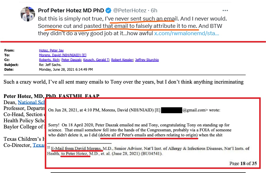Just like Maxmen lied we pasted her in a photo with Daszak, now it's @PeterHotez's turn to lie we pasted his emails. Nobody claimed he sent the email in the red box since that's an email Morens sent to Hotez instructing him to delete all emails relating to origin. Hotez replied⬇️