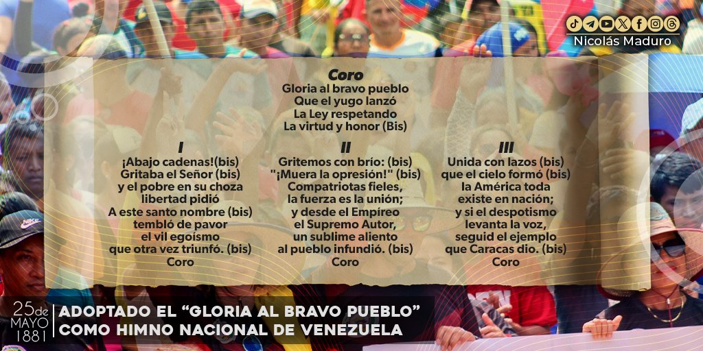 ¡Gloria al Bravo Pueblo!, canto que celebra el infinito heroísmo y la valentía de las y los patriotas. Hace 143 años se convirtió en nuestro Himno Nacional, símbolo histórico de lucha por la Libertad y la Independencia de Venezuela.