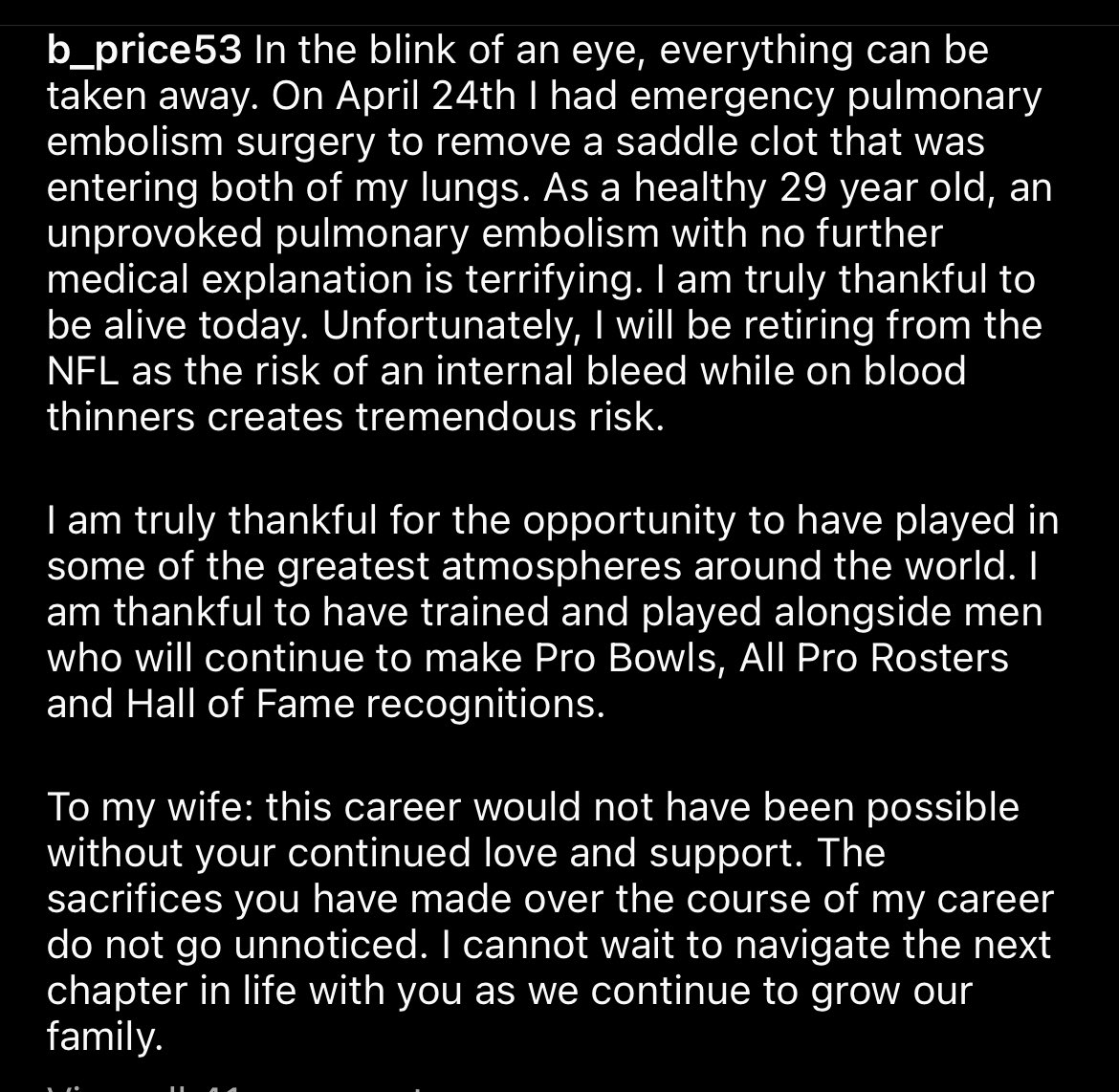 NFL center Billy Price has announced his retirement following a respiratory blood clot. Bengals first-round pick in 2018 made 45 career starts with three clubs. (via b_price53/IG)