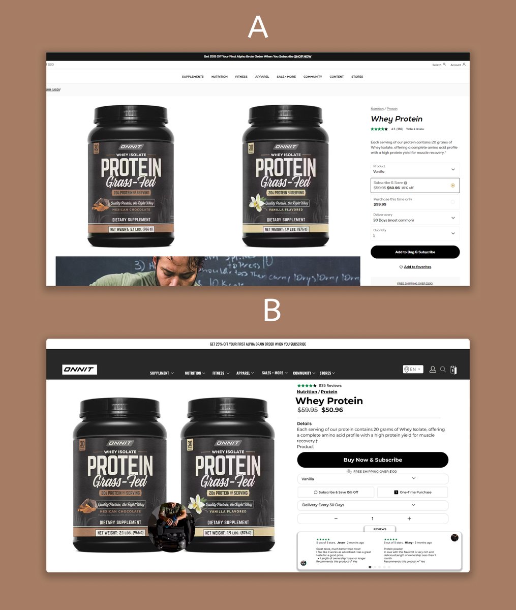 Redesign for ONNIT

Which gets more sales - A or B?