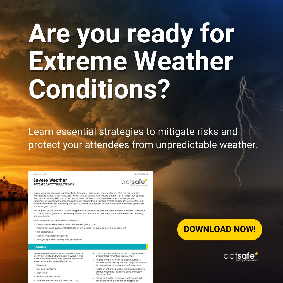 ☀️ Extreme weather can disrupt outdoor events and jeopardize safety. Don't leave your event's success to chance. 🌩️

Download our safety bulletin: actsafe.ca/topic/weather/…
⁠
#Actsafe #MotionPicture #LiveEvents #PerformingArts #SevereWeather #Safety Bulletin