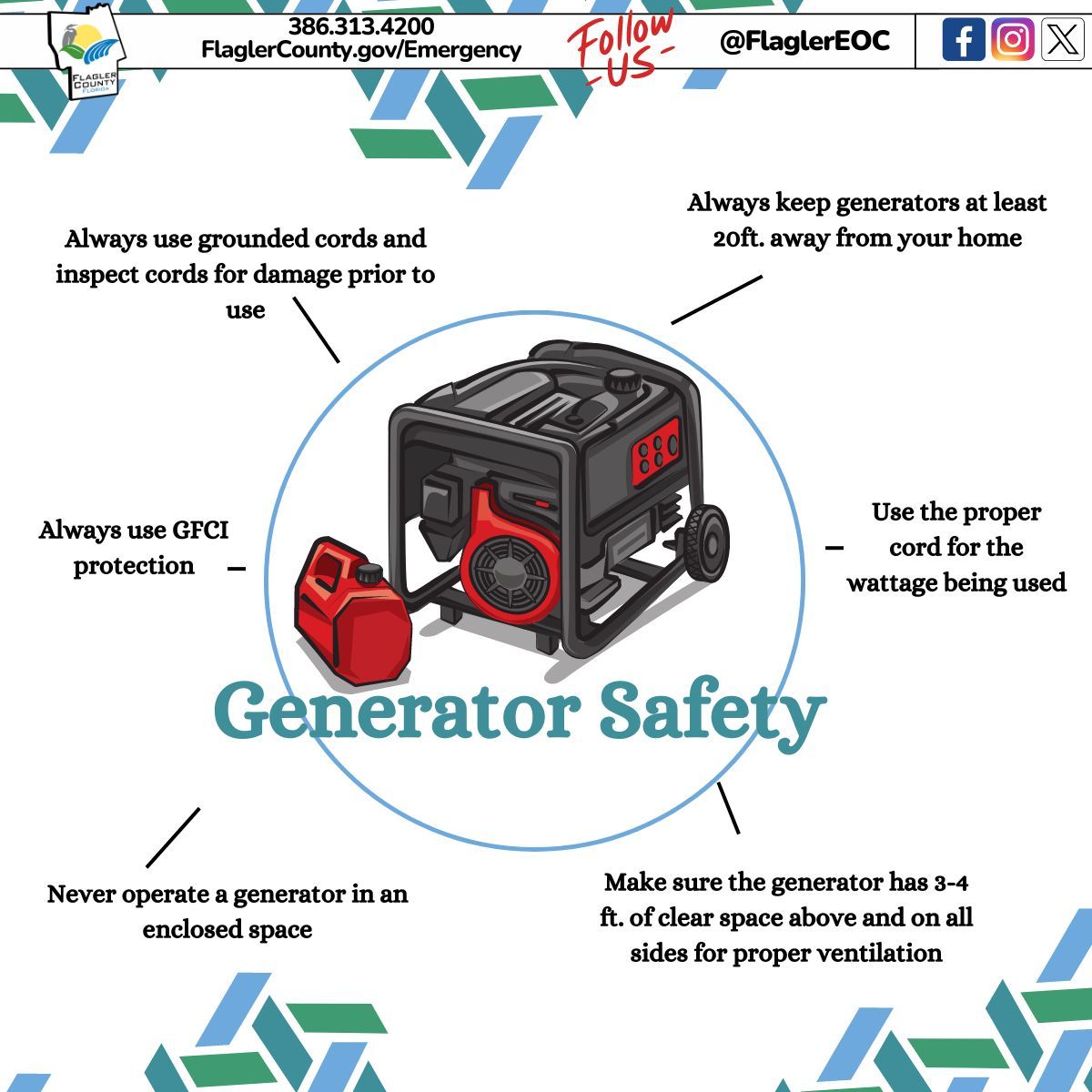 ⚡ Generator safety: 
✅Follow the manufacturer's directions
✅Keep it dry, do not touch the generator with wet hands
✅Keep it outside, away from windows & doors

#Beready #Flaglercounty #FlaglerEOC