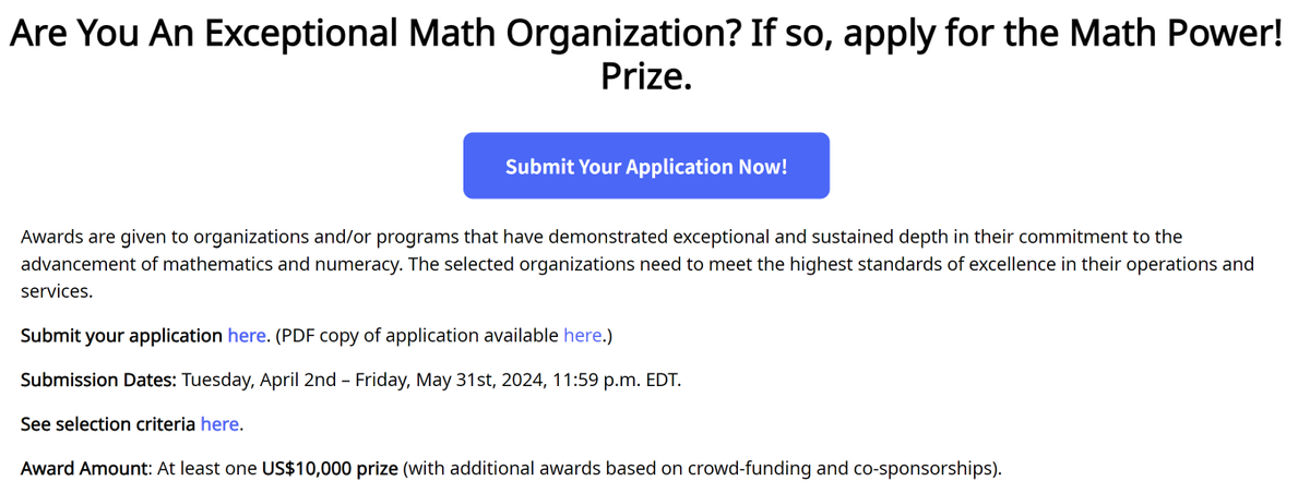 James Tanton (@jamestanton) on Twitter photo Applications for this year's <a href="/mEducation_A/">mEducation Alliance</a> Math Power Prize are due next week!
Could your fabulous work to bring math joy to the world do with a boost?
<a href="/GlobalMathProj/">The Global Math Project</a> <a href="/AIMathCommunity/">AIM_MathCommunities</a> Applications for this year's <a href="/mEducation_A/">mEducation Alliance</a> Math Power Prize are due next week!
Could your fabulous work to bring math joy to the world do with a boost?
<a href="/GlobalMathProj/">The Global Math Project</a> <a href="/AIMathCommunity/">AIM_MathCommunities</a>