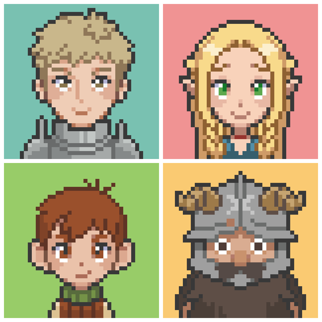 Laios' party in the style of PSS icons from Pokemon! I'll draw the rest of his crew in later time.

#dungeonmeshi 
#pixelart #ドット絵