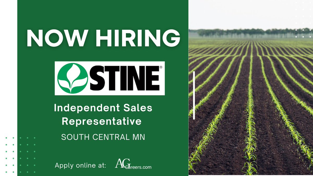 .@StinSeed is #Hiring an Independent Sales Rep in #MN!

This role will develop and enhance relationships with customers and potential customers, either personally or through a designated seller.

Learn more on #AgCareers: ow.ly/i9XE50RSLhI