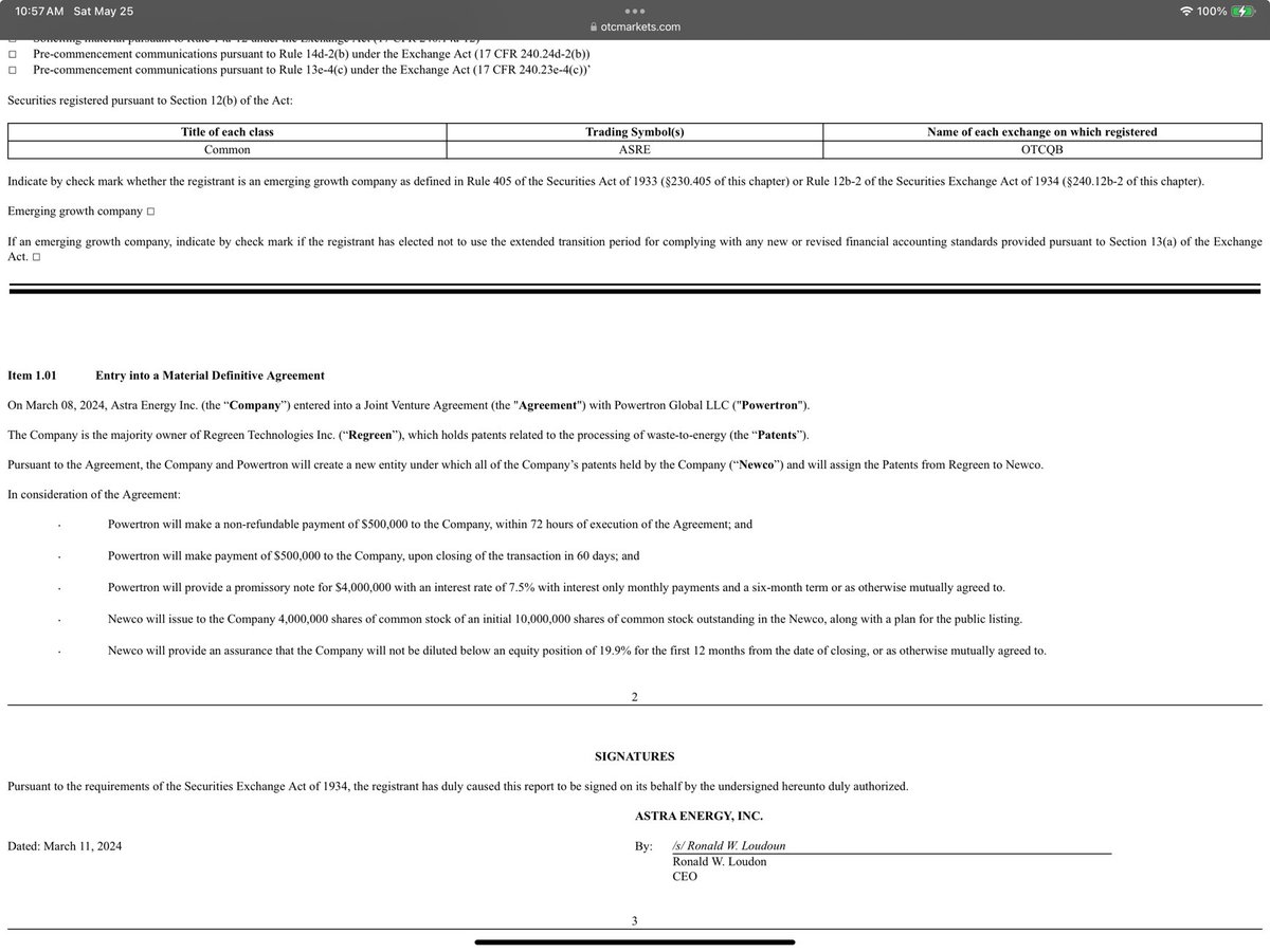 $ASRE The full Powertron deal includes 4,000,000 shares in NewCo to be publicly listed (intent to Nasdaq). Second $500,000 paid, but we haven’t seen 8k or PR since the full deal includes NewCo. It’s coming, be patient. Full deal needs to close soon IMO.