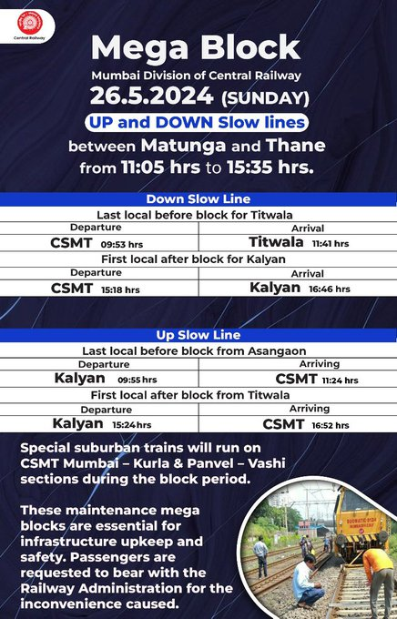 drmmumbaicr's tweet image. Attention Passengers! 🚨 
📷Mega Block on Slow lines &amp;amp; Harbour line on 26/05/2024 (Sunday). Check the schedule for the last and first locals before and after the block. 
Plan your travel accordingly.
 #MegaBlock #SundayBlock #HarbourLine