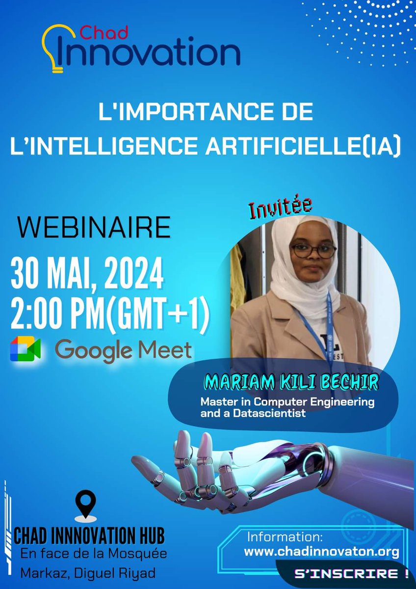 ChadInnov's tweet photo. 👋 AI enthusiasts!
Join our webinar on "The Importance of AI" on May 30, 2024, at 2 PM (GMT+1). 🌟🤖 Special guest: Mariam Kili Bechir, Data Scientist. Link in the following comment. Can't join online? Come to Chad Innovation Hub. 💻💡🌐 #AI #Webinar #Innovation #SDG @josdelahaye https://t.co/GDVnCczzUj
