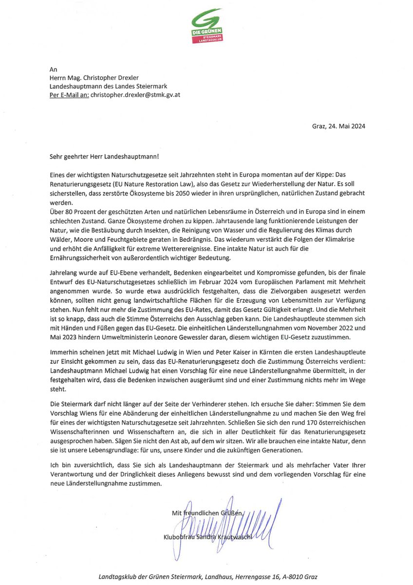 Unser Aufruf für die Natur! In ihrem offenen Brief appelliert unsere Klubobfrau @skrautwaschl an Landeshauptmann Christopher Drexler, die Blockade des Renaturierungsgesetzes endlich zu beenden. Es ist Zeit, dass die Steiermark handelt!