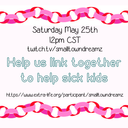 I will be doing my May #extralife stream today at noon CST. 

twitch.tv/smalltowndreamz

extra-life.org/participant/sm…

#twitch #charity