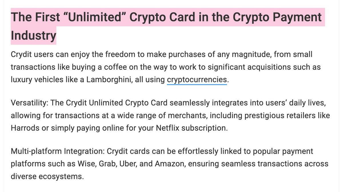 So many Massive developments behind the scenes in crypto that people simply aren't paying attention to! The First “Unlimited” Crypto Card in the #Crypto Payment Industry Crydit distinguishes itself as a genuine Debit Card, backed by @Mastercard as the issuing authority.