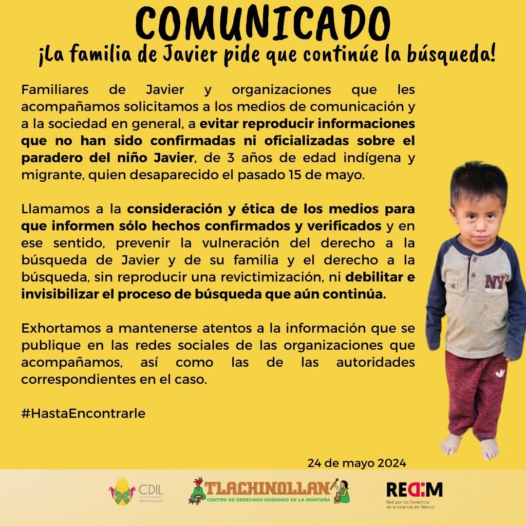 #Atención
¡La familia de Javier pide que la búsqueda continúe!

⁦<a href="/FGEGUANAJUATO/">Fiscalía General del Estado de Guanajuato</a>⁩ ⁦<a href="/diegosinhue/">Diego Sinhue Rodríguez Vallejo</a>⁩
⁦<a href="/SerLoyola/">Loyola Comunidad Educativa</a>⁩ ⁦<a href="/derechoinfancia/">Derechos Infancia</a>⁩ ⁦<a href="/nimagto/">NIMA Centro de Promoción de DDHH de NNA</a>⁩ ⁦<a href="/plataformagto/">Plataforma por la Paz y la Justicia en Guanajuato</a>⁩ ⁦<a href="/BJeronimos/">Beth Navarro J.</a>⁩