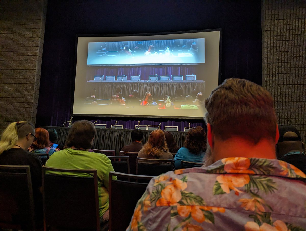 Bakacopodcast's tweet photo. Waiting on the cowboy bebop panel to begin @MomoCon. 

We will be on this very stage at 830pm tonight presenting "There's an Anime for Everyone". Looking forward to seeing all you lovely con goers tonight! https://t.co/jrjtZEkXx1