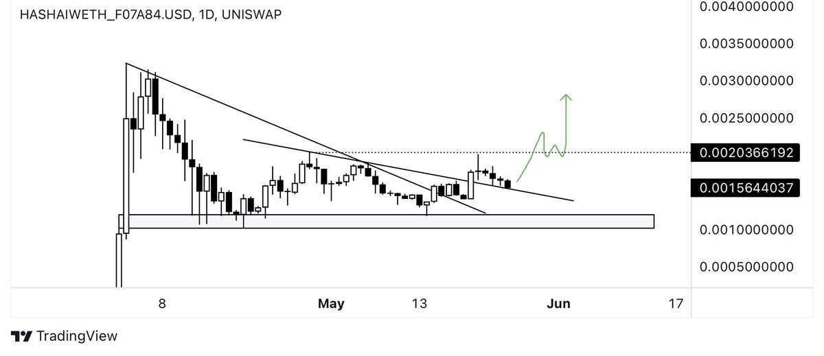 AndrewCryptoHQ's tweet photo. $HASHAI failed to break the mid-level at 0.002 and is retesting the diagonal here, similar to most #AI on-chain charts.

Just a matter of time before we bounce back up, reclaim this level, and continue on the path to breaking the ATH and entering price discovery. ✍️ https://t.co/EiPtIT0gHZ