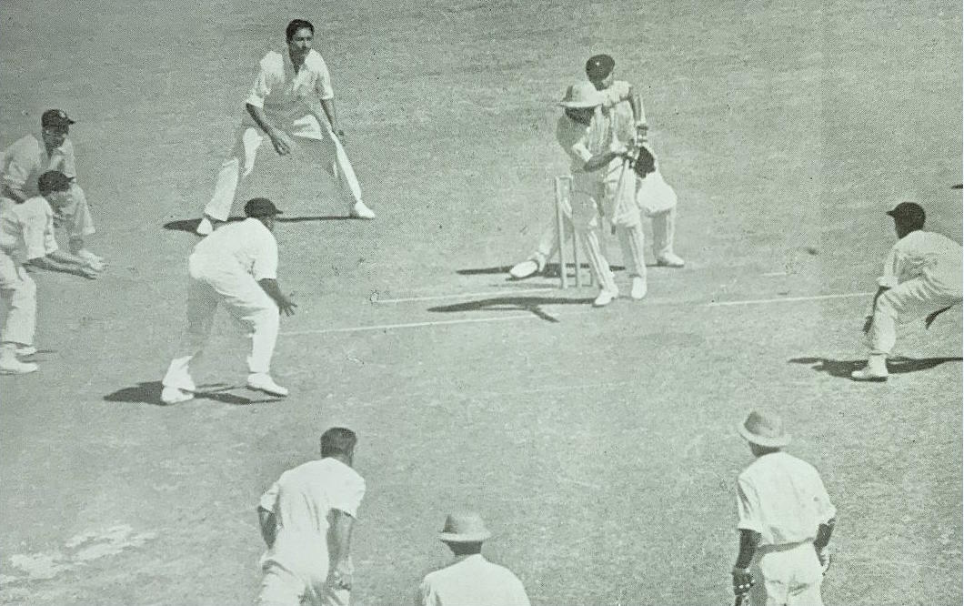 India beat Pakistan by ten wickets in the Bombay Test in the Pakistanis' first series in 52/53, but Hanif and Waqar Hasan did hold them up with a 5.5 hour partnership - this is a crowded out Little Master turning Vinoo Mankad to leg during that stand