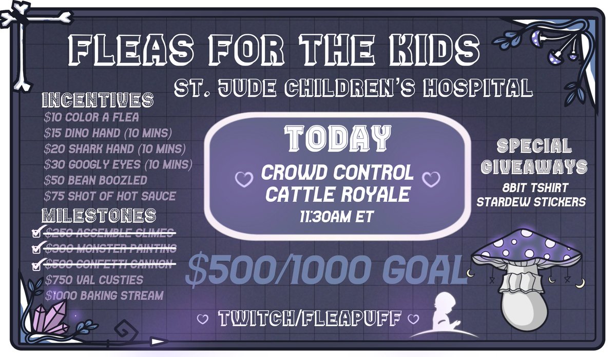 fleapuff's tweet image. LIVE NOW!

Hanging and chatting for a bit then @8Bit_Community @CrowdControl CATTLE ROYALE starts at 12PM ET!

Its going to be a DAY of surviving in #Stardew and hopefully raising a ton for @StJudePLAYLIVE so grab some snacks and come hangggg!!

Twitch/fleapuff