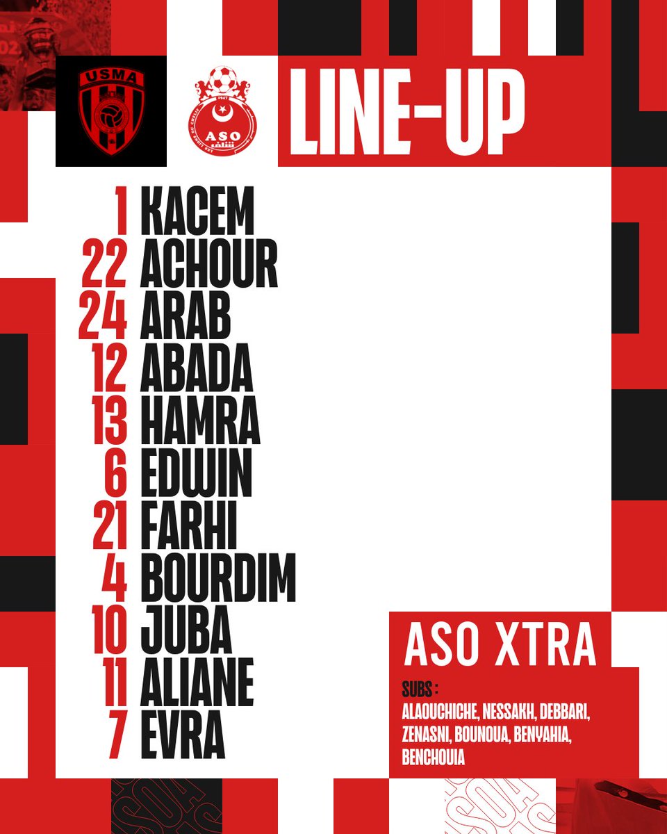 aso_xtra's tweet photo. إليكم التشكيلة الأساسية لمواجهة إتحاد العاصمة ⬇📋🔴 https://t.co/gQfG0fcqBx