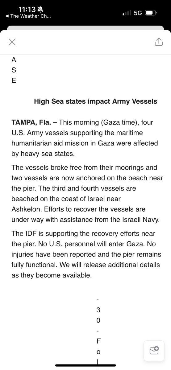 BREAKING: This morning four U.S. Army vessels supporting the maritime humanitarian aid mission in Gaza were affected by heavy sea states. The vessels broke free from their moorings and two vessels are now anchored on the beach near the pier. The third and fourth vessels are