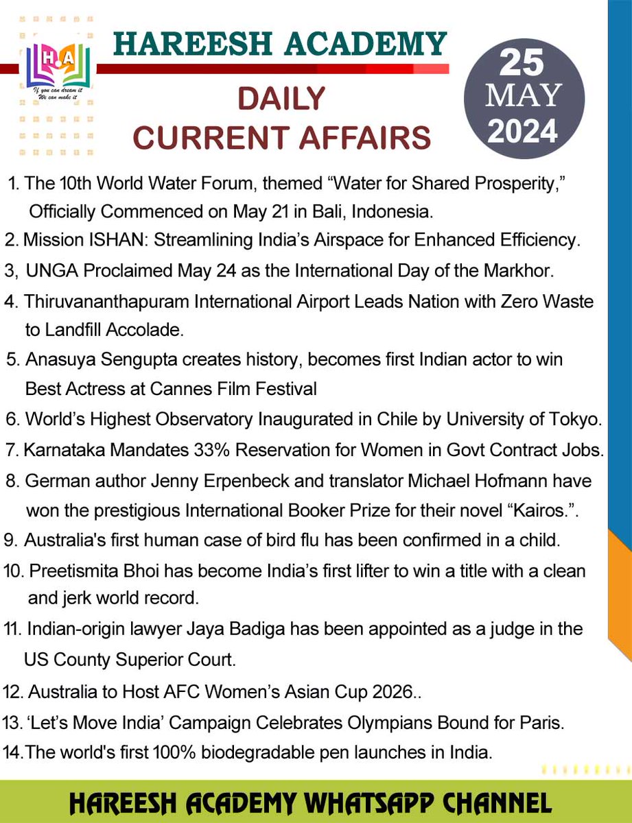 Here 👇 is the important Current Affairs of 25th May, 2024. #CurrentAffairs #DailyCurrentAffairs #UPSC #TSPSC #APPSC #KPSC #RPSC #GPSC #TNPSC #NPSC #MPPSC #UPPSC #GS #GK #DAILYCA