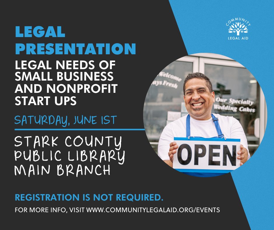 Join us next Saturday, June 1st, to learn information on legal needs facing small businesses and nonprofits, focusing on entities in the early stages of development. 🙌 #legalpresentation

Learn more ➜ communitylegalaid.org/events/legal-p…