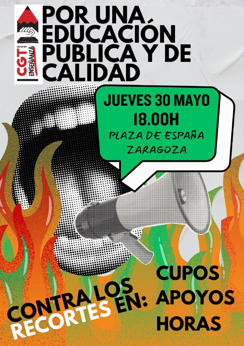 📣📣🔴⚫️ Ante los graves recortes en los cupos de los centros públicos de Zaragoza, nos movilizamos para expresar nuestro desacuerdo y exigir la reversión.
✅ Concentraciones en los centros de Infantil/Primaria. Días  27 y 31  8.45 H
✅ Concentración jueves 30 18.00  Pza España