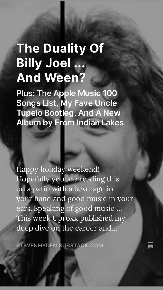 For the Substack I wrote about the duality of Billy Joel and Ween, why the Apple Music albums list covers too wide of a period of time, and the v. good new LP by @Fromindianlakes. open.substack.com/pub/stevenhyde…