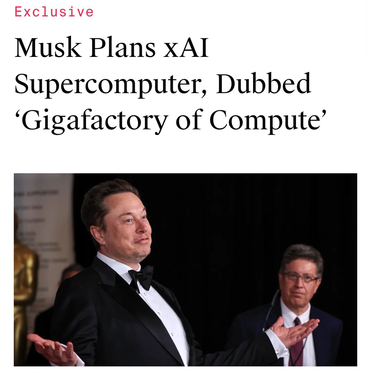 xDaily's tweet photo. NEWS: Elon Plans xAI Supercomputer, Dubbed ‘Gigafactory of Compute’

Elon Musk's artificial intelligence startup xAI plans to build a supercomputer with 100,000 specialized GPUs, which would be at least four times larger than the biggest AI clusters today.

The massive "gigafactory of compute" could help the young startup catch up to older and better-funded rivals like OpenAI and Microsoft, who are also planning similarly sized AI chip clusters.

- The supercomputer would require billions in spending and significant power access. Musk aims to have it running by fall 2025.
- XAI could partner with Oracle, to whom it is already the largest H100 chip customer. 
- The cluster would accelerate development of xAI's Grok AI assistant with fewer speech restrictions.
- Finding a location with sufficient power (likely 100MW) will be key. Remote areas are becoming popular for AI data centers.

Major tech players are all racing to build increasingly large GPU clusters, believing more computing power is the key to stronger AI. Even Tesla is developing an in-house AI supercomputer.

Via https://t.co/bkFypFyXjG