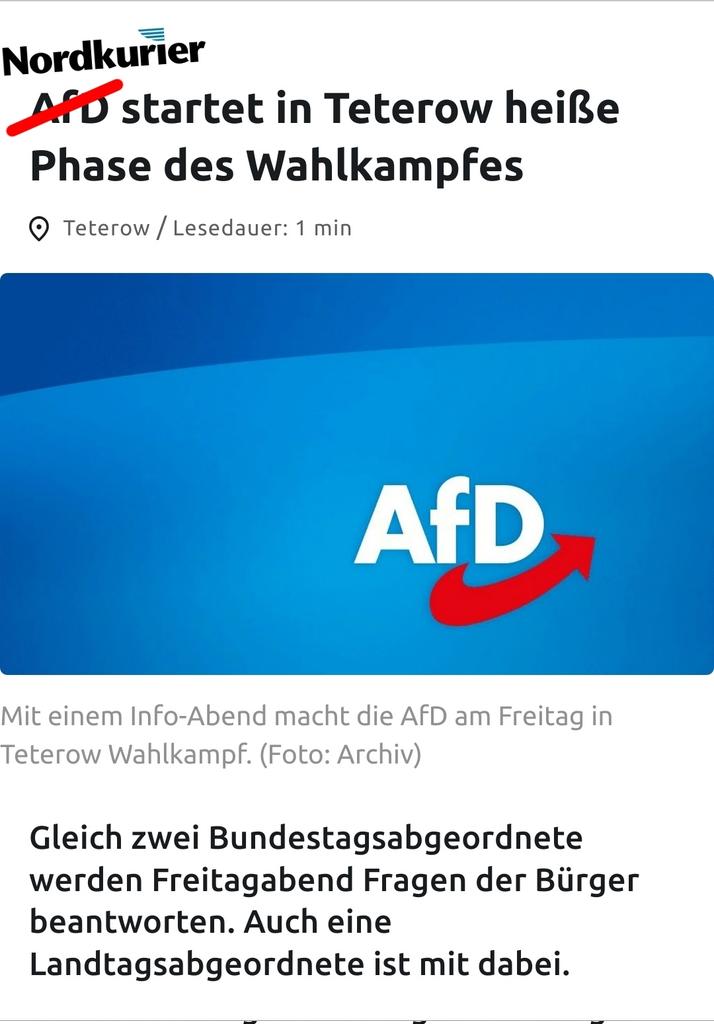Der #Nordkurier startet in die heiße Phase des Wahlkampfes.

Eine von x-beliebigen AfD-Veranstaltungen zu bewerben, ohne Nachrichtenwert, hat nichts mit Journalismus zu tun.