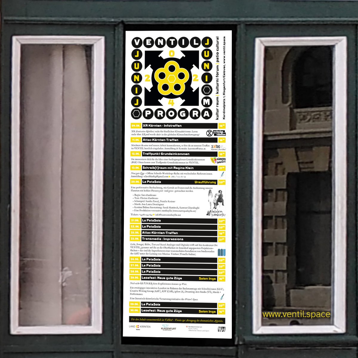 Das #Juni-Programm im VENTIL hat wieder viel zu bieten!

Alle Termine und Infos auf ventil.space/termine/

#vada #andas #zumbayllu #xr #theatre #performance #art #inform #discuss #write #kultur #zivilgesellschaft #treffpunkt #klagenfurt #celovec #kärnten #koroška #ventil