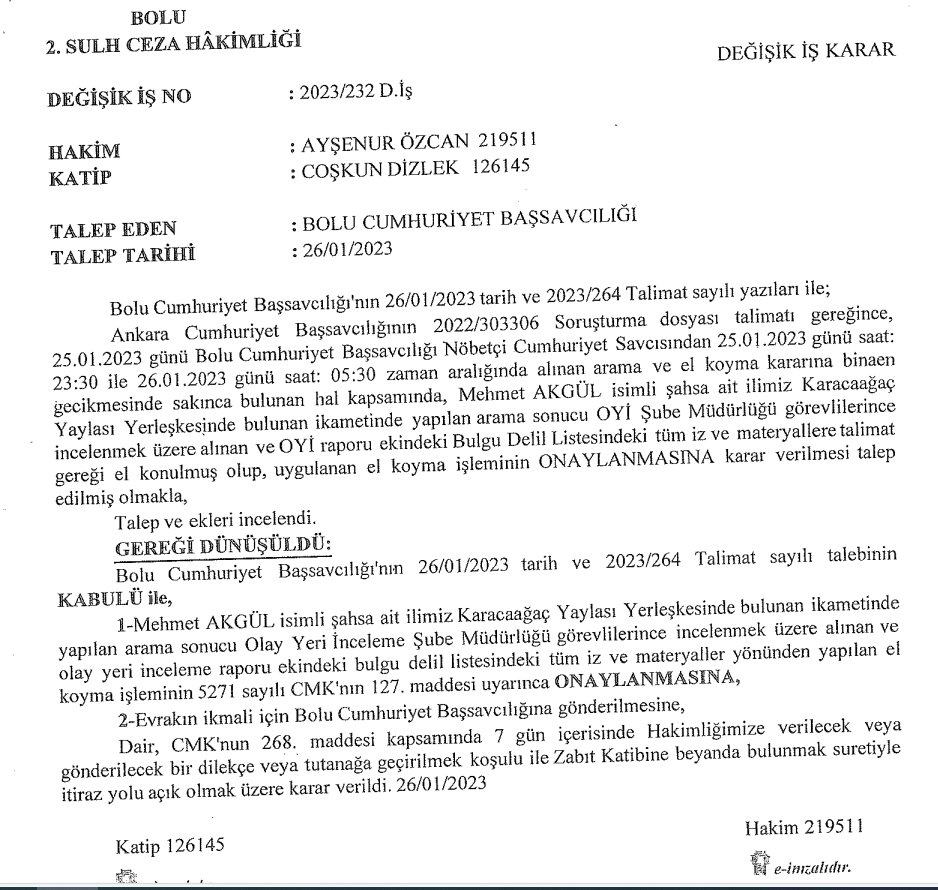 Sinan Ateş cinayetinden yaklaşık bir ay sonra MHP Bolu Milletvekili İsmail Akgül'ün Bolu'daki baba evinin polis tarafından arandığı, babasına ait 14 AAY 148 plakalı aracın Ankara'ya getirilip parmak izi araştırması yapıldığı ortaya çıktı. Tetikçi Eray Özyağcı, cinayetinin