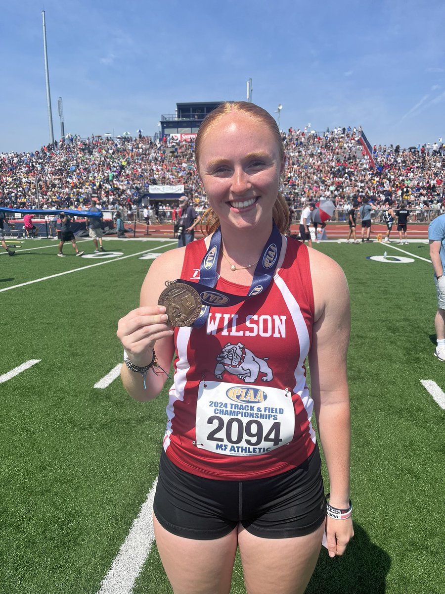 Wilson’s Maddie Henne finds the PIAA Track and Field Championships podium with her seventh-place medal in the 3A discus. She threw a 117-10. No, she’s not related to former Bulldog and NFL QB Chad Henne. She fielded the question all day long. <a href="/MDrago59/">Mike Drago</a> <a href="/Wilson_Bulldogs/">Wilson Athletics</a>