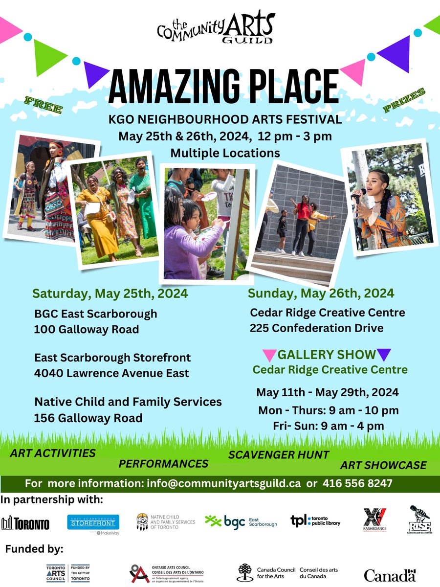 Don't miss today's AMAZING PLACE: an arts festival by <a href="/CommArtsGuild/">Community Arts Guild</a> in East Scarborough's KGO. Explore installations, performances, and a scavenger hunt. Join us from 12PM-3PM at the East Scarborough Storefront. Note event has been moved indoors. #ScarbTO #KGO #volunteers